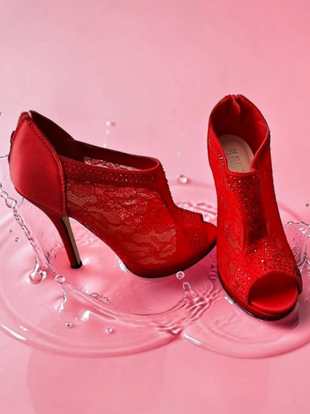 De Blossom Collection Red Lace Peep-Toe Heels Women's Shoes Size 6 Sexy Autumn - Picture 3 of 8